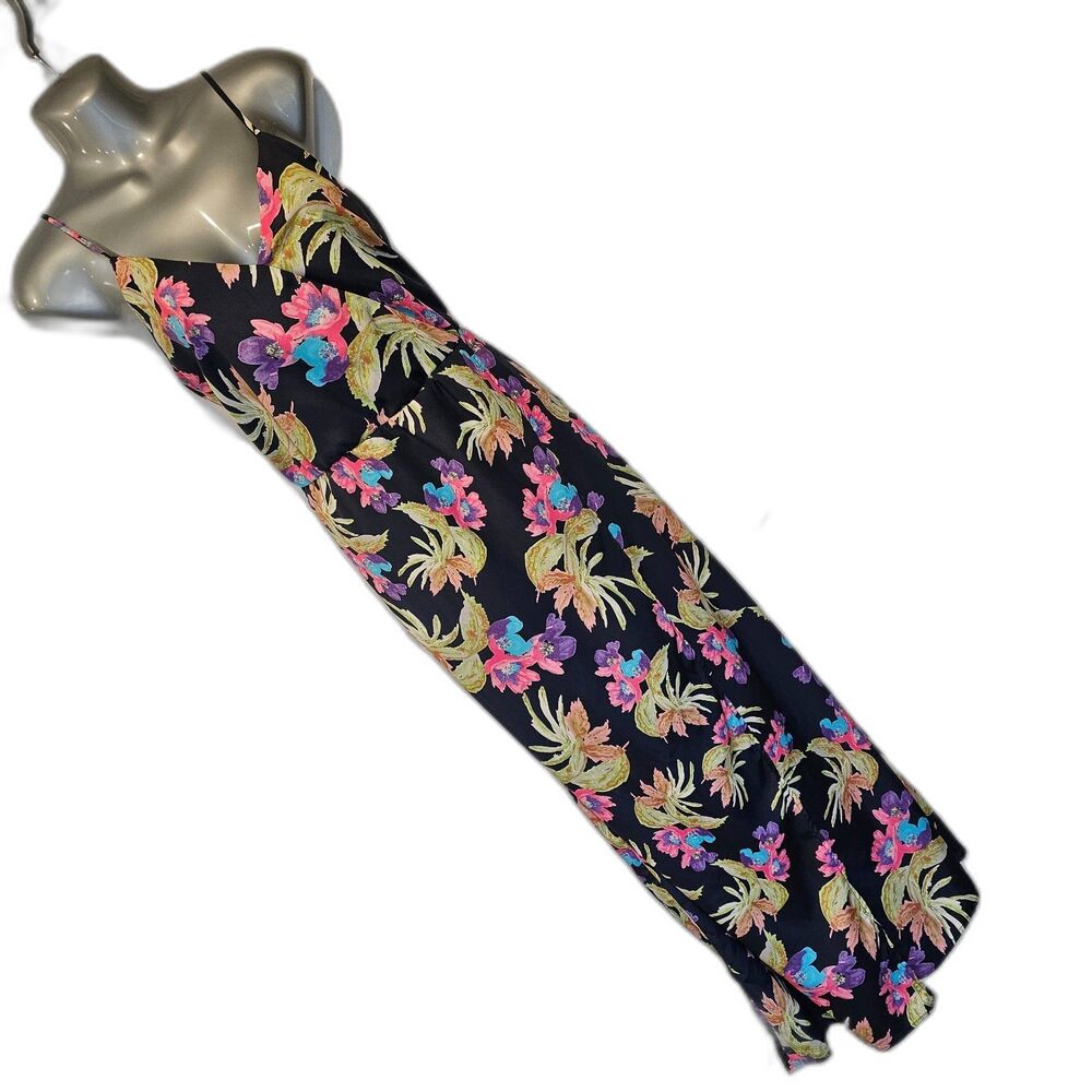 MEGHAN LOS ANGELES maxi dress small navy neon floral satin slip strappy v neck